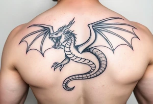 a full picture of a dragon flying aggressively tattoo idea