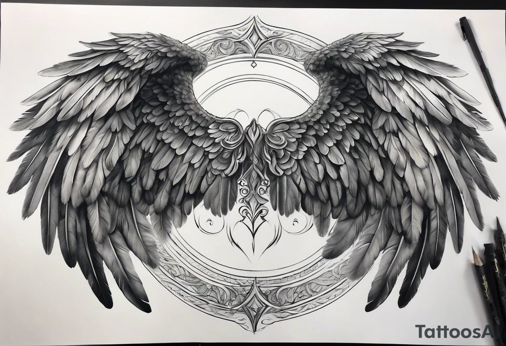 Realistic angel wings extending from a mens shoulders, covering the upper arms and upper back. The feathers are intricately detailed, with soft shading in black and gray to create depth and texture. The wings gently converge in the middle of the back, forming a harmonious and cohesive design. tattoo idea