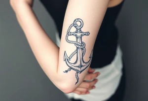 weathered anchor wrapped in nautical rope with sea waves leg sleeve tattoo idea