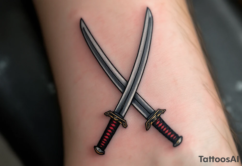 A pair of crossed katana swords with silver blades and black-and-red wrapped handles. tattoo idea