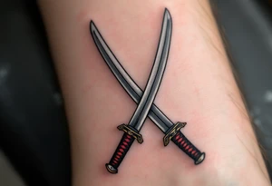 A pair of crossed katana swords with silver blades and black-and-red wrapped handles. tattoo idea