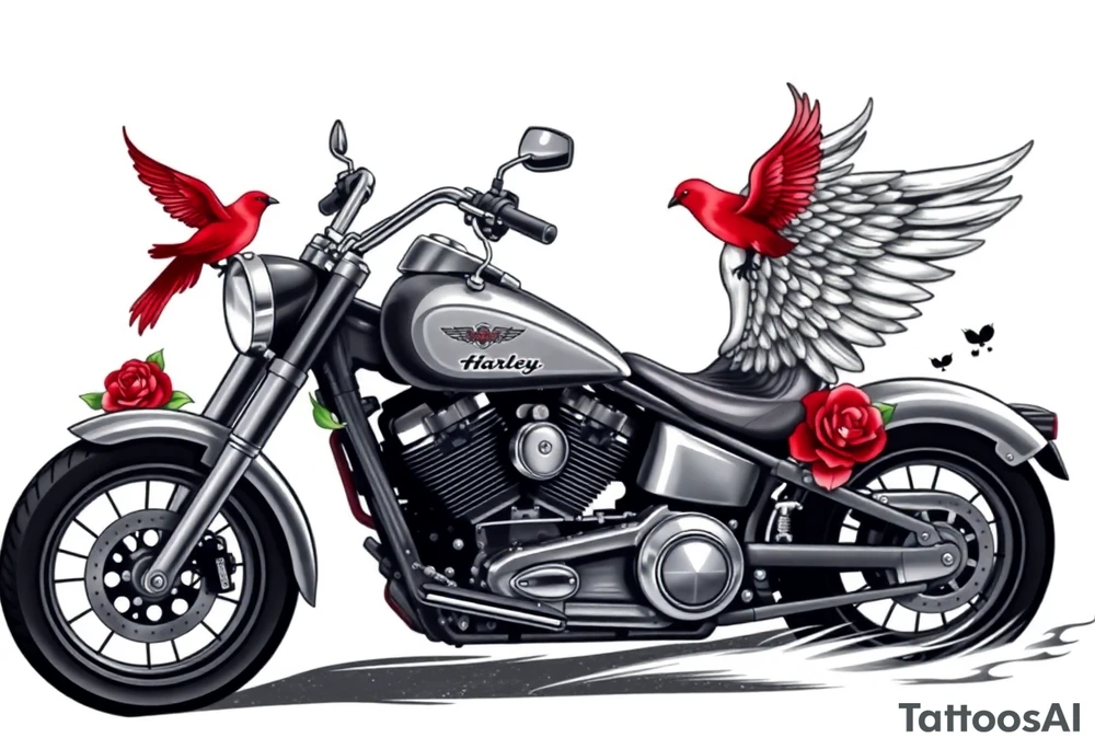 Harley grey motorcycle driving away, two red birds flying, roses, flames, angel wings tattoo idea