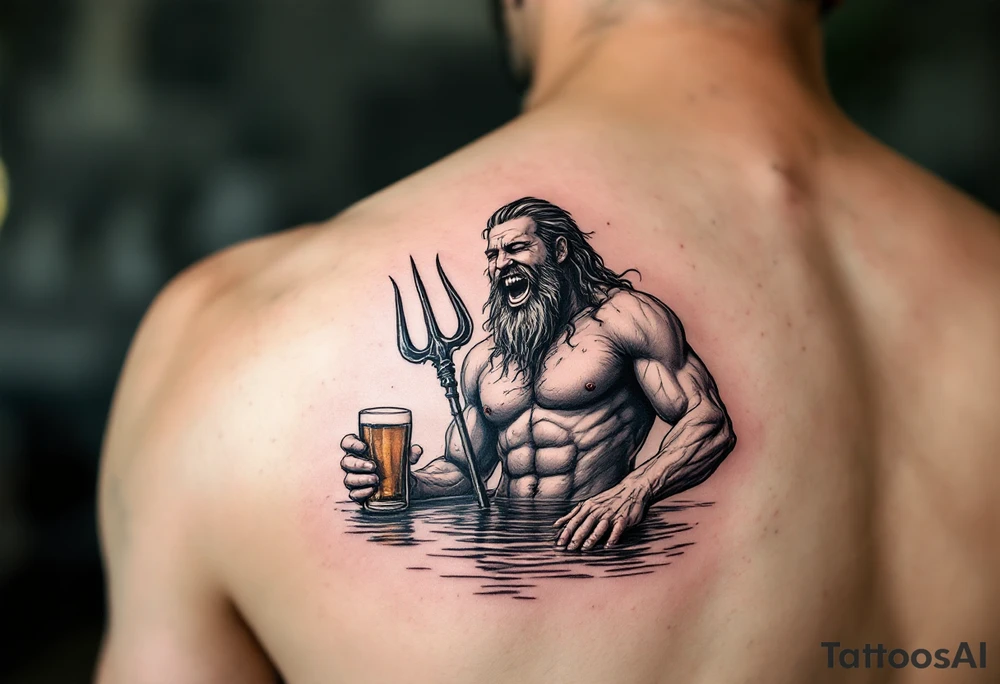 laughing poseidon in calm water, holding a trident, holding a beer, with bare feet out of water tattoo idea