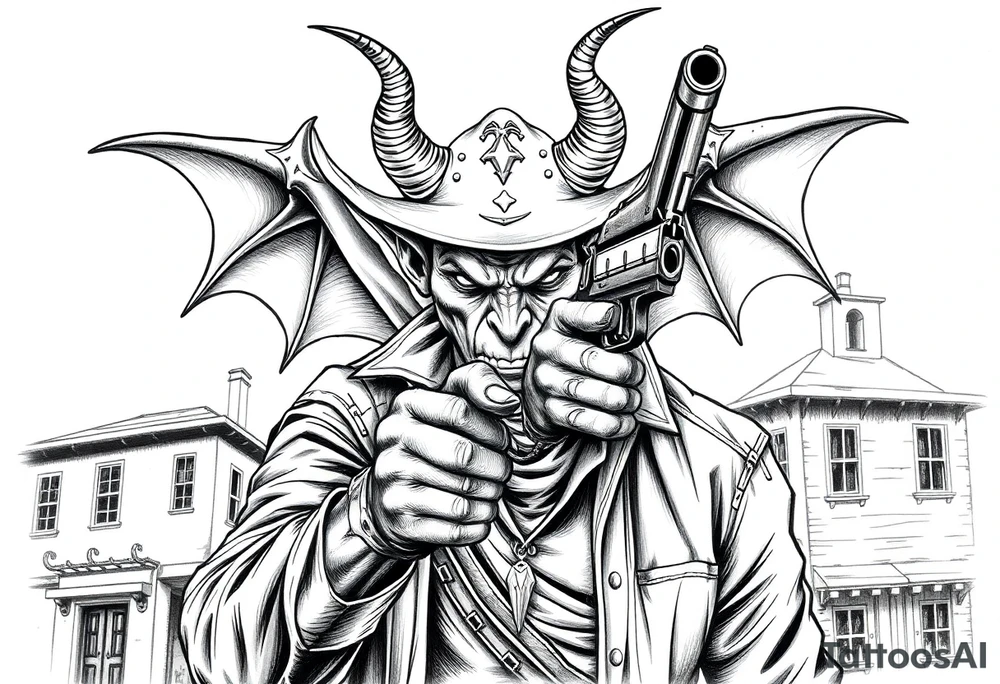 a demon in cowboy-clothing,a gun in a hand,old buildings in the background. tattoo idea