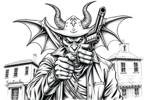 a demon in cowboy-clothing,a gun in a hand,old buildings in the background. tattoo idea