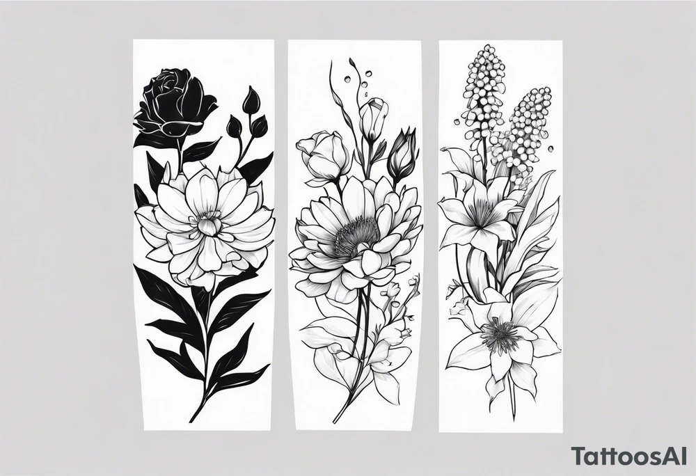 Asters, roses, lily of the valley, and chrysanthemums sleeve tattoo idea