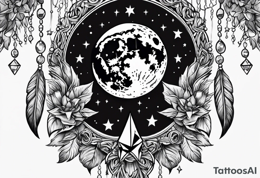 crystals in a bunch tied with ribbon, charms hanging from ribbon and surrounding the crystals
moon in the background tattoo idea