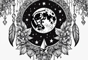 crystals in a bunch tied with ribbon, charms hanging from ribbon and surrounding the crystals
moon in the background tattoo idea