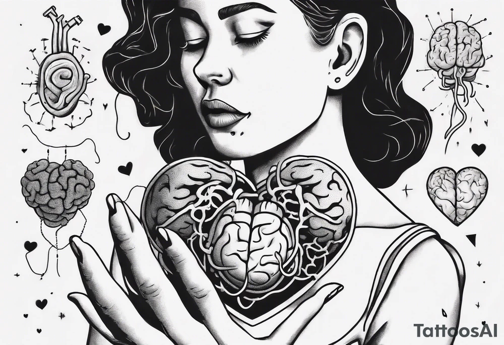 Heart and brain in line art, held down by a woman's hand holding them by string tattoo idea