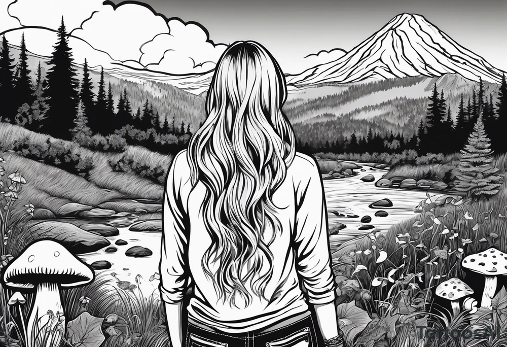 Whole picture encircled fully

Straight long blonde hair hippie girl in distance holding mushrooms in hand facing away toward mountains and creek surrounded by mushrooms long sleeve shirt and hiking pants; whole rendering within a full circle, no cut off circle tattoo idea
