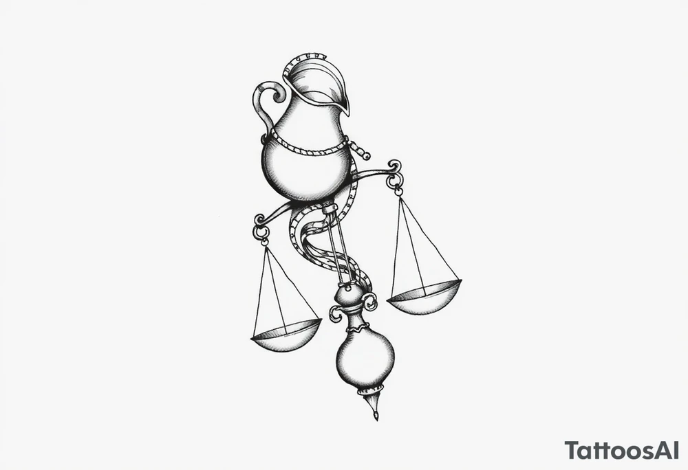 I want a tattoo that combines the Aquarius water bearer and the Libra scales. The water should flow elegantly from the jug, merging into and balancing the scales below. tattoo idea