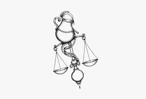 I want a tattoo that combines the Aquarius water bearer and the Libra scales. The water should flow elegantly from the jug, merging into and balancing the scales below. tattoo idea