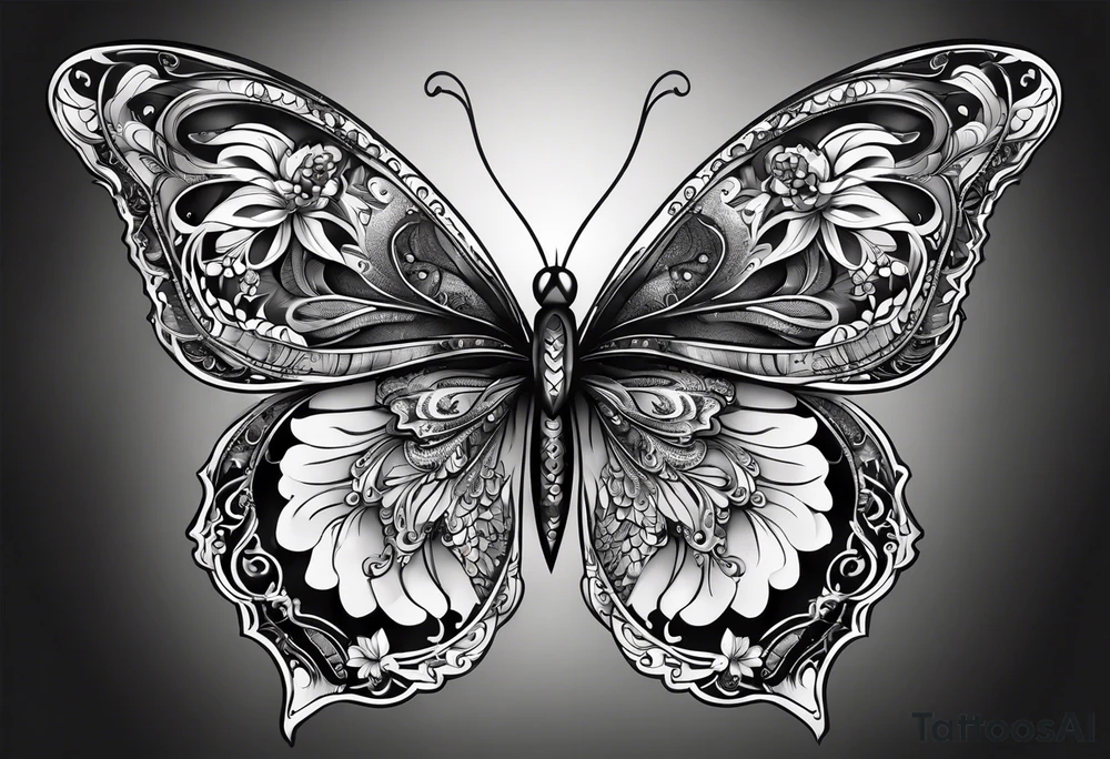 Dark ornamental, borboleta abstrata com uma adaga vertical centralizada no meio da horboleta tattoo idea