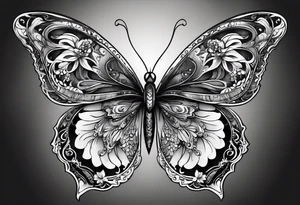 Dark ornamental, borboleta abstrata com uma adaga vertical centralizada no meio da horboleta tattoo idea