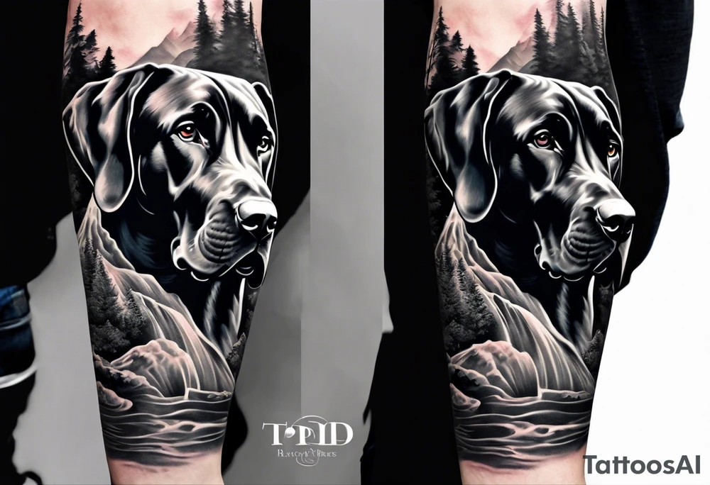 Full arm sleeve. Great Danes in waterfall tattoo idea
