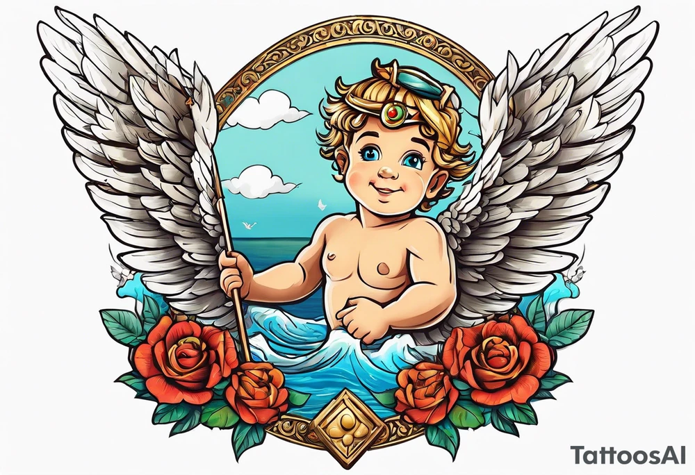 Cupido  fly boy with wings, background sea, ancient rome gods tattoo idea