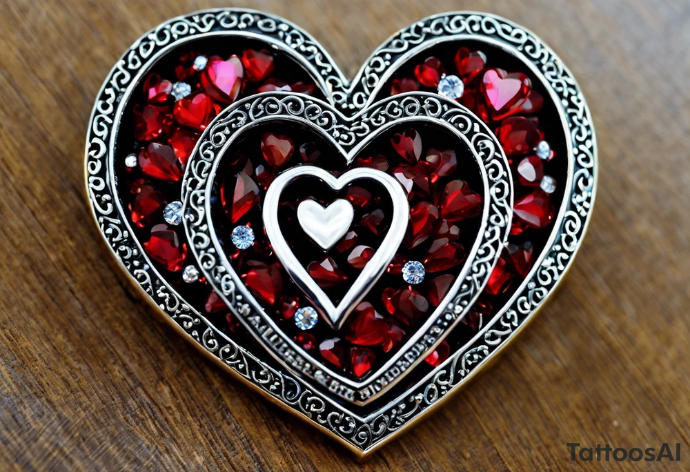 two hearts intertwined with the name Carla & Derrick above and the date 23.07.2011 below.  Inside one heart is Elias 08.03.2016 and inside the other 23.03.2021.  On the outside little embellishments with hearts, stars and dots tattoo idea