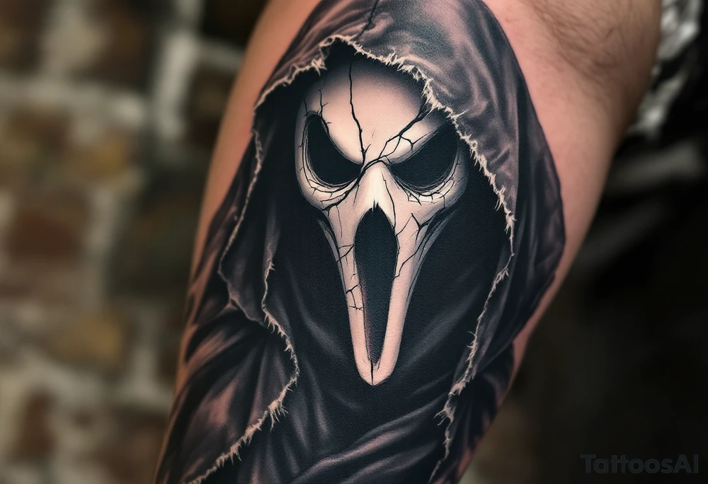 Plague Doctor with Broken Mask – A sinister plague doctor with tipical mask and a fractured porcelain-white mask, revealing hollow darkness beneath. The robes are dark gray with frayed edges, giving the figure an eerie, ghostly presence. tattoo idea