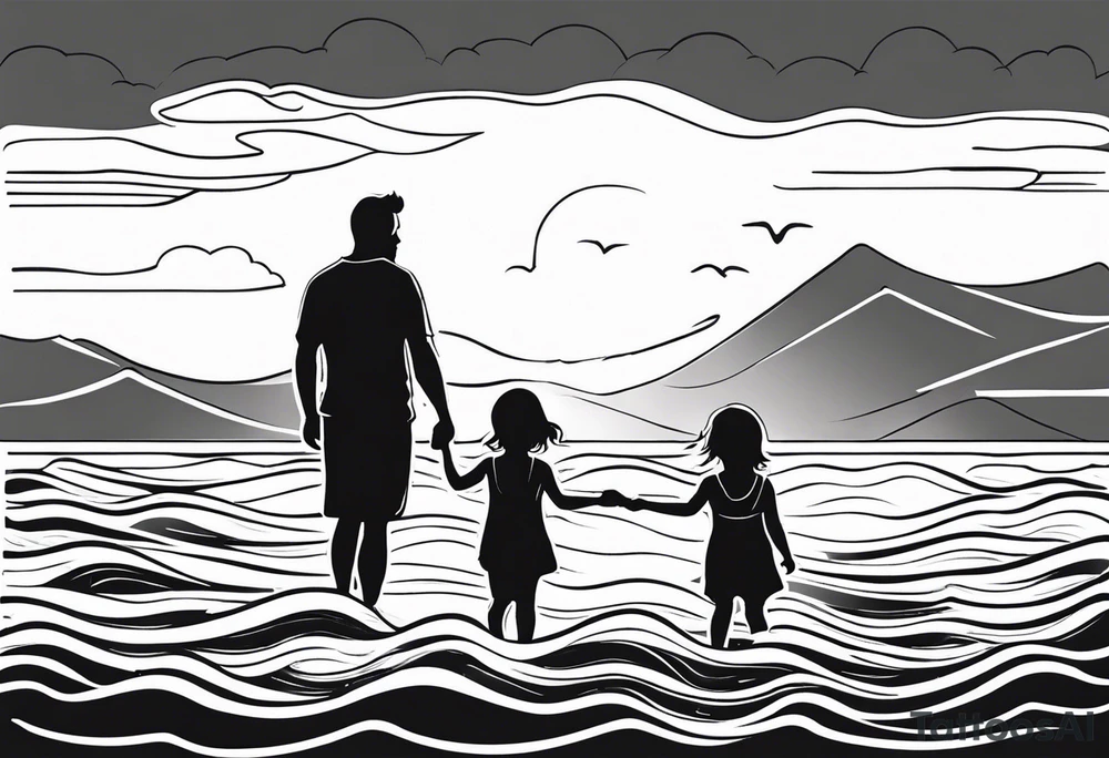 Black and white Line work tattoo with a dad and his two toddler daughters in the ocean. tattoo idea
