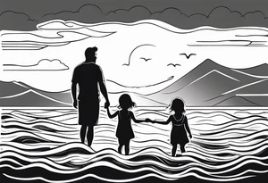 Black and white Line work tattoo with a dad and his two toddler daughters in the ocean. tattoo idea
