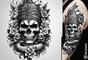 5. A combination of skulls and flowers on the upper arm, with Mahadev's face on the forearm, and a serpent or snake (representing rebirth) wrapping around the arm. tattoo idea