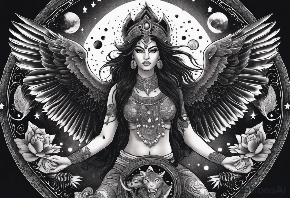 black kali, goddess pirate, alien, angel, pachamama, valkrye, warrior, flying, skull, lotus azul, wing, eagle, zenza resonance, stars, 5D, anahata chakra, death, durga, riding on a tiger, flying lady, kundalini, chest tatoo, samuri, rebel,serpent tattoo idea