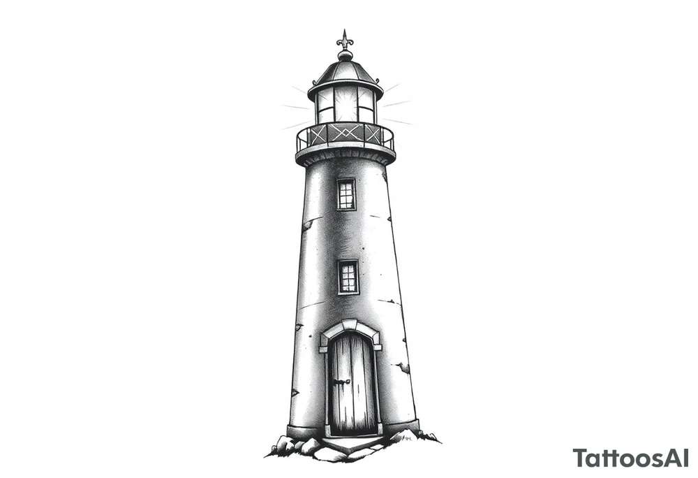 Lighthouse with beams of light with a few windows and an old door with tattoo idea