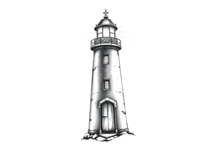 Lighthouse with beams of light with a few windows and an old door with tattoo idea