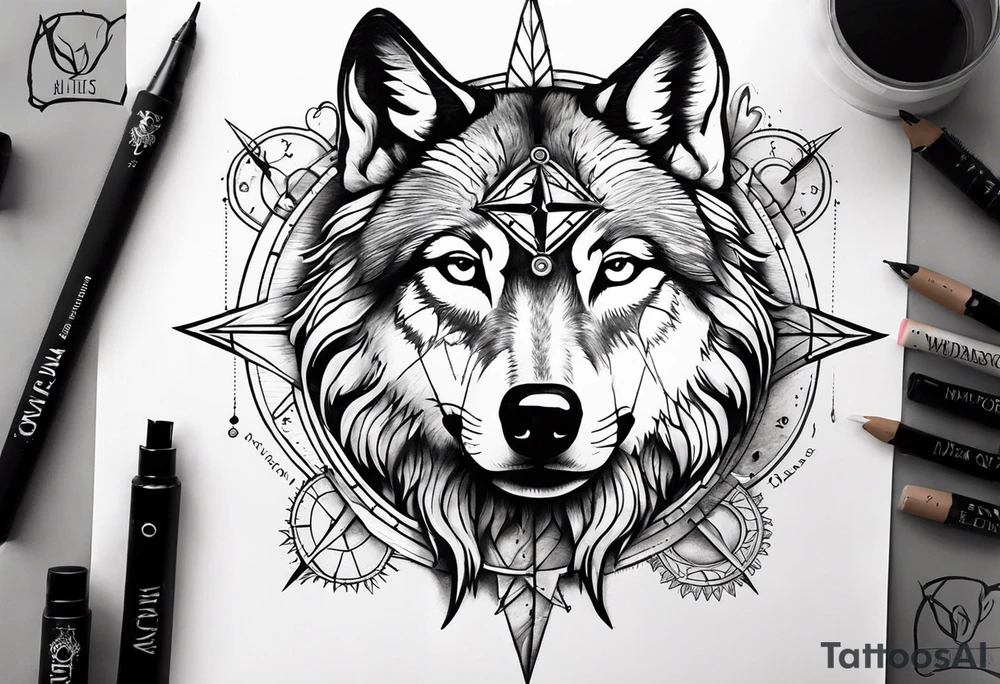 Wolf face with compass and my daughters name Madison tattoo idea