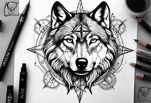 Wolf face with compass and my daughters name Madison tattoo idea