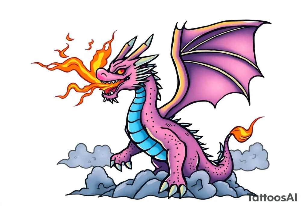 fierce dragon breathing iridescent fire against stormy skies tattoo idea