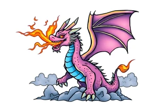 fierce dragon breathing iridescent fire against stormy skies tattoo idea