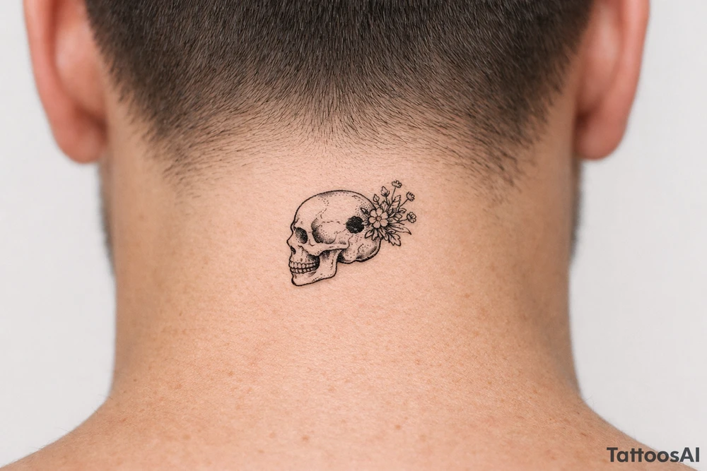 Human skull, side profile, bullet hole with wildflowers spilling from the back, realism. tattoo idea