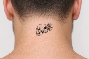 Human skull, side profile, bullet hole with wildflowers spilling from the back, realism. tattoo idea