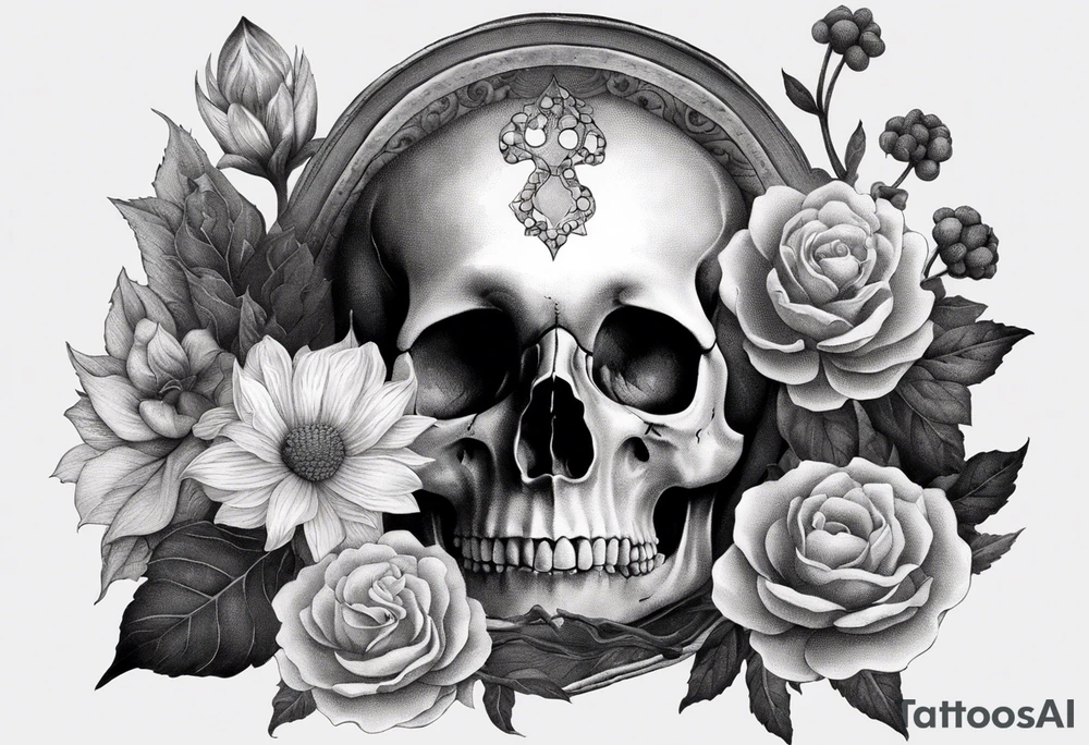 Flowers, potions, small skull, big flowers small snake with dot work in between tattoo idea