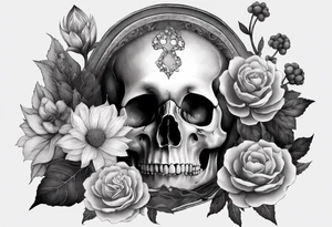 Flowers, potions, small skull, big flowers small snake with dot work in between tattoo idea