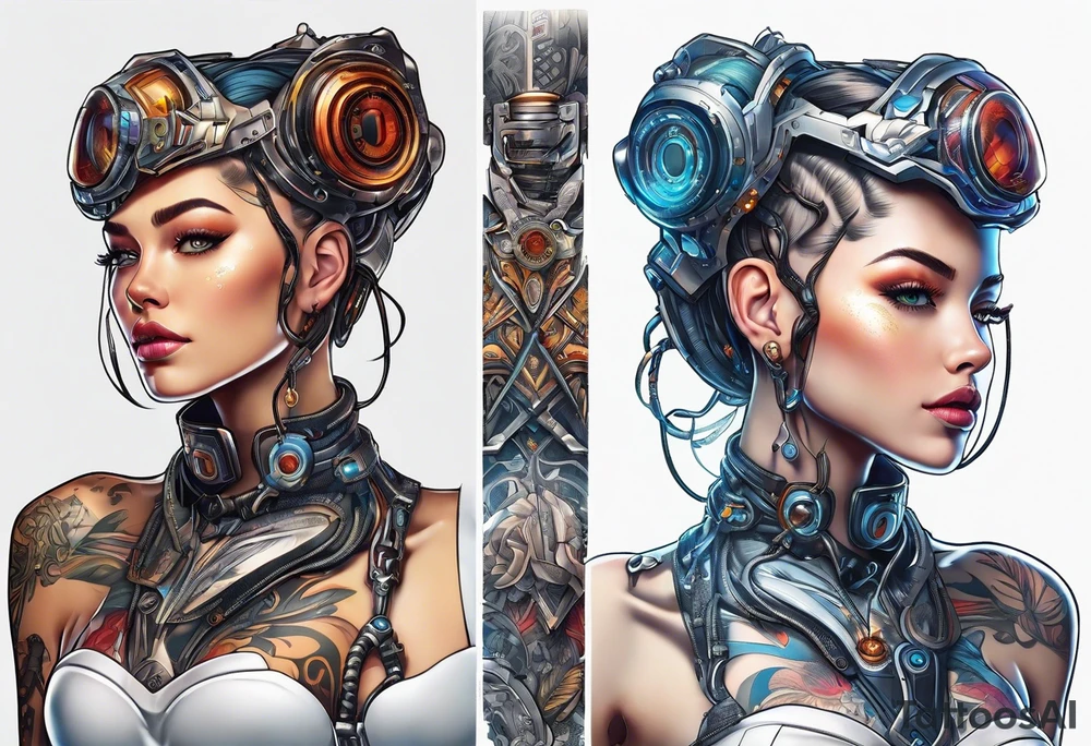 female cyborg with full body, retro futuristic, travel and movies tattoo idea