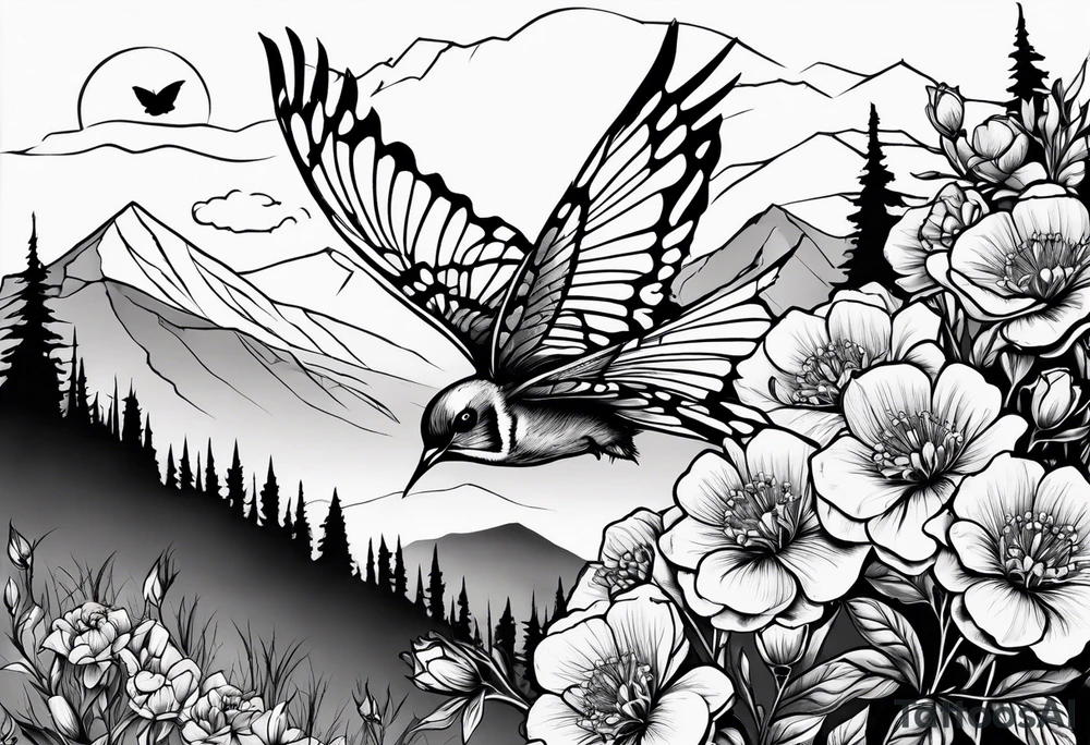 Rocky mountain peak with mountain blue birds and monarch butterflies with wild prairie roses for a half sleeve tattoo idea
