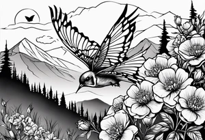 Rocky mountain peak with mountain blue birds and monarch butterflies with wild prairie roses for a half sleeve tattoo idea