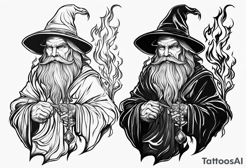 Wizard encased in flames and carrying a staff with a shining gem on top tattoo idea