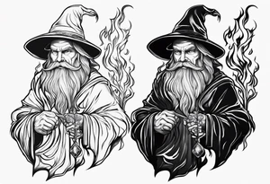 Wizard encased in flames and carrying a staff with a shining gem on top tattoo idea