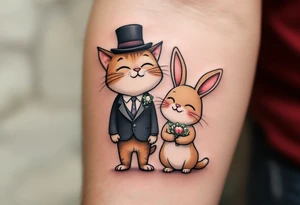 A playful cat, a loyal dog, and a tiny bunny dressed as a bride, groom, and wedding guest, standing side by side. tattoo idea