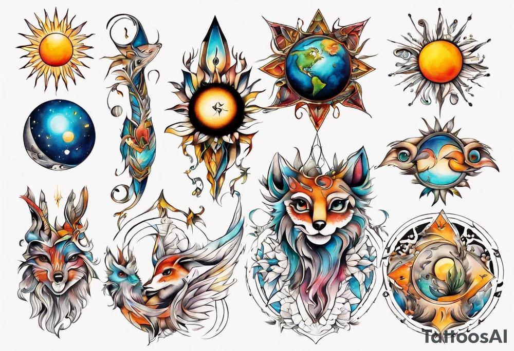 fisch, fuchs und eule , symetrie  sonne, universum, bunt, " sapere aude" tattoo idea