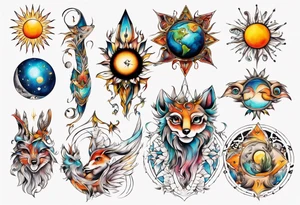 fisch, fuchs und eule , symetrie  sonne, universum, bunt, " sapere aude" tattoo idea