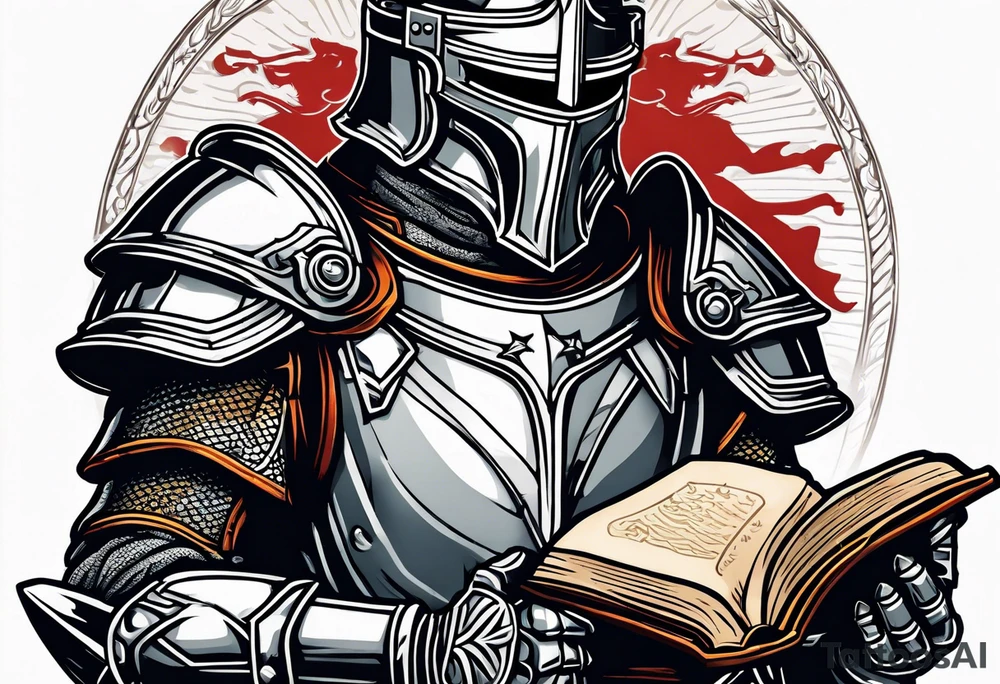 knight holding a bible over his head in combat with both hands tattoo idea