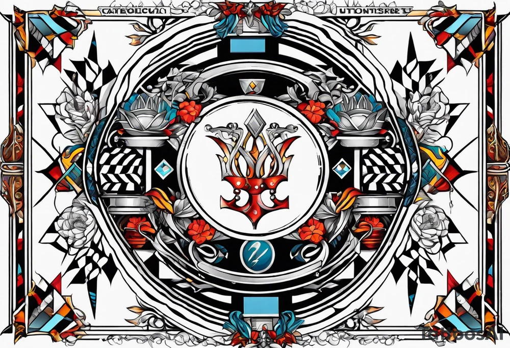 Geometric tapestry with trident and chequered flag and marathon on arm tattoo idea