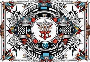 Geometric tapestry with trident and chequered flag and marathon on arm tattoo idea