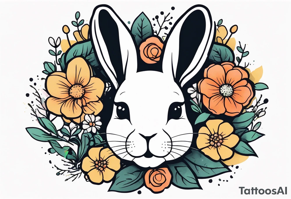 bunny head with flowers around it tattoo idea