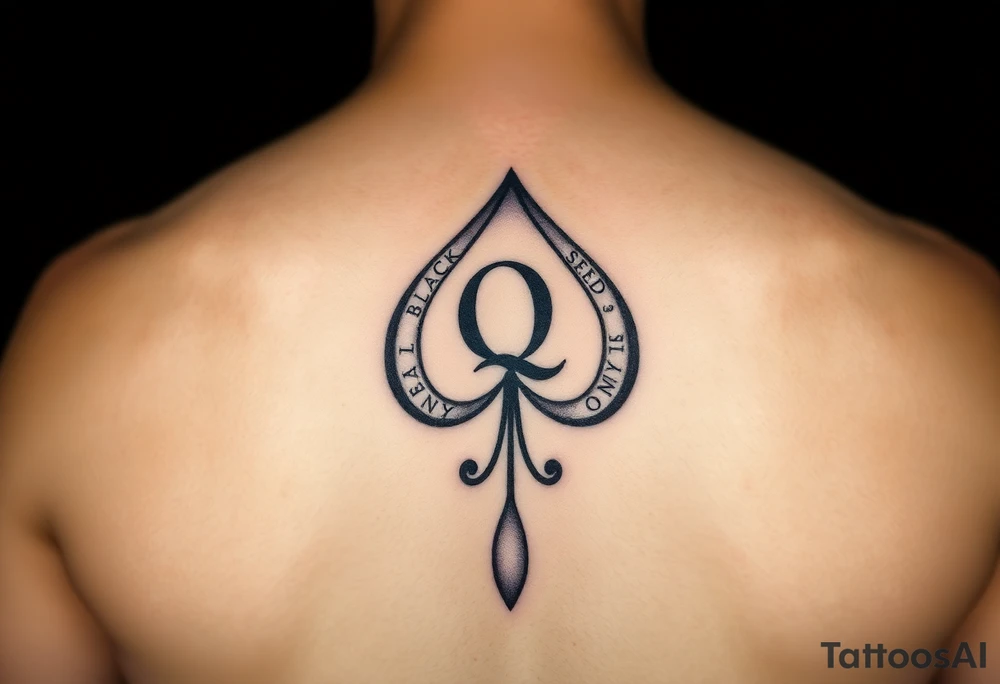 A spade womb tattoo with a Q in the center, with three points around the outside. The first reading, "BLACK". The second reading, "SEED". The third reading, "ONLY". A tail at the bottom of the spade. tattoo idea