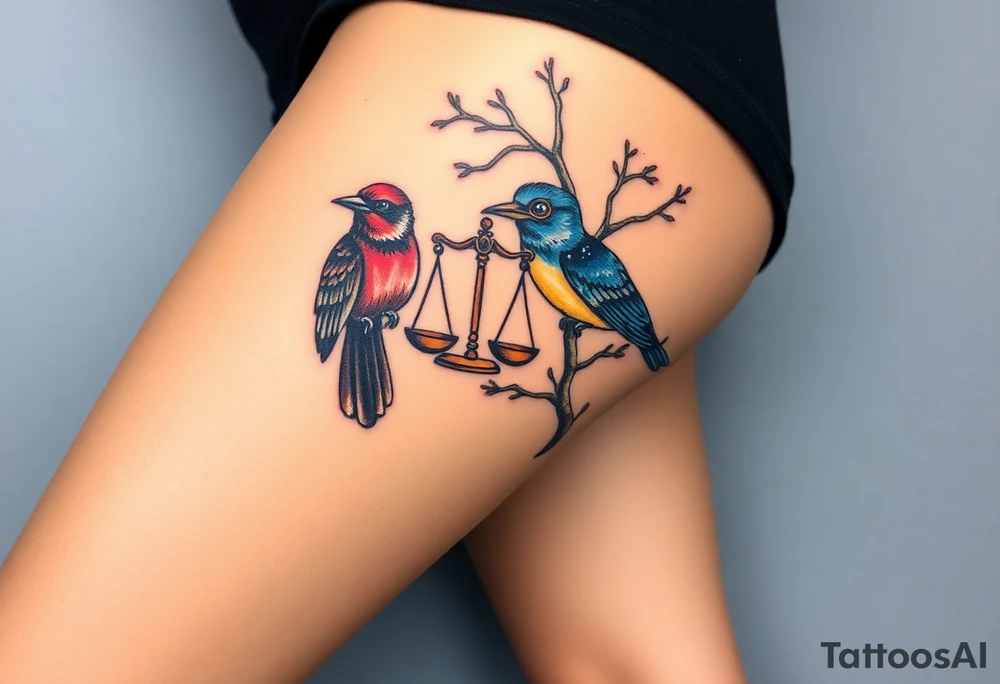 2 birds as the focus, one of the birds red wearing a suit, other bird navy blue with glasses or holding a book, scales of justice built into a tree, starry night painting and mountain background tattoo idea